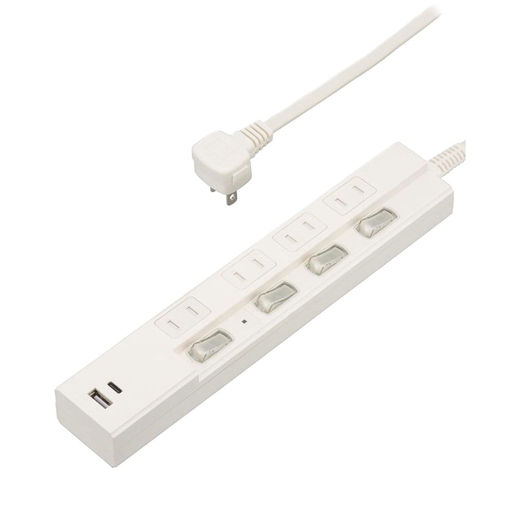 オーム電機 4個口節電タップ雷ガード付 PD対応 タイプC・Aポート付 2m ホワイト