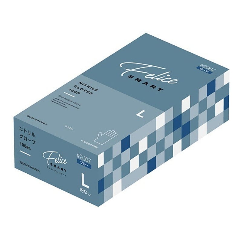 川西工業　ニトリル手袋　フェリーチェ　粉なし　ブルー　Ｌ　１００枚入　２０６７