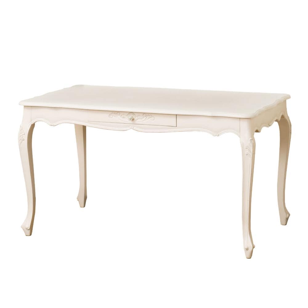 クロシオ　アンティーク調ダイニングテーブル　コモ　引出し付　幅１３５ｃｍ　ホワイト　手彫り ヨーロピアンテイスト