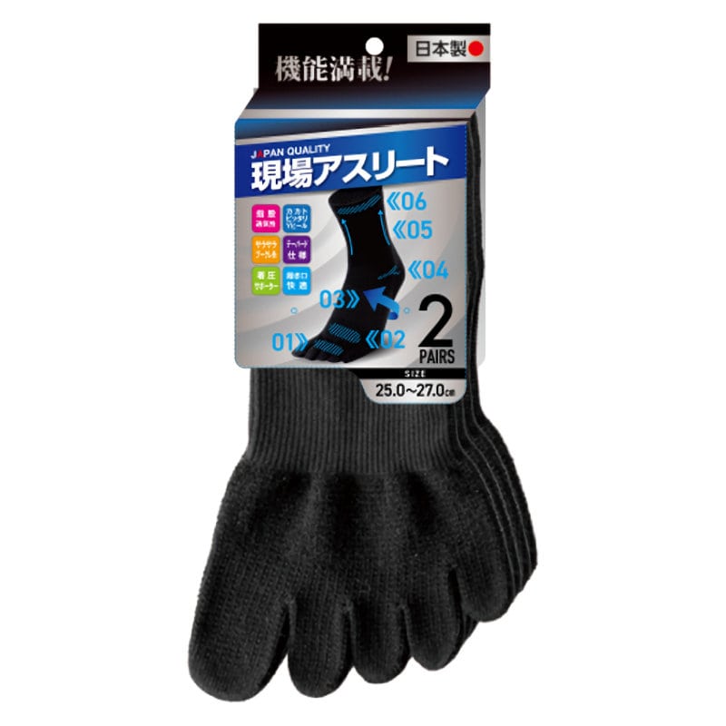 ユニワールド　現場アスリート５本指ソックス　黒　大寸　クルー丈　１６１５－ＢＫ