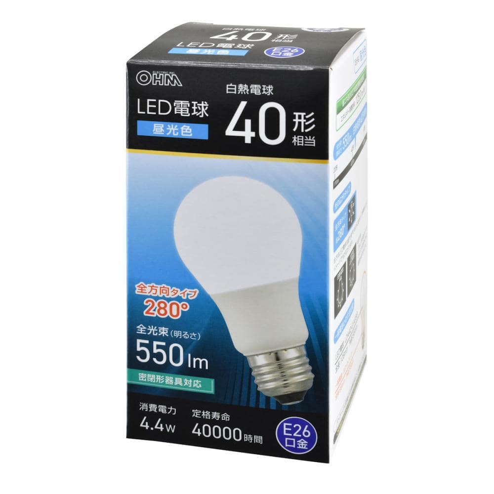 オーム電機　ＬＥＤ電球　４０Ｗ形相当　昼光色　全方向タイプ　口金Ｅ２６　４．４Ｗ