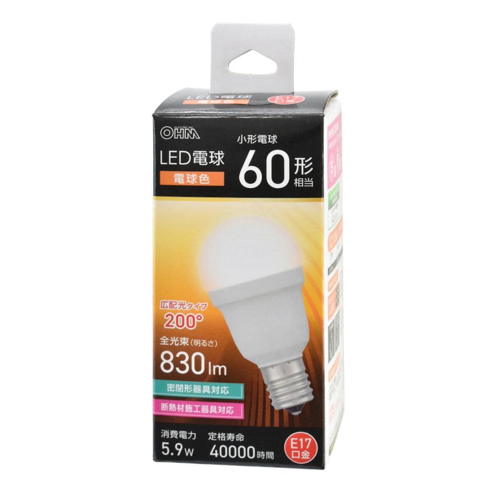 オーム電機　ＬＥＤ電球　６０Ｗ形相当　電球色　広配光タイプ　口金Ｅ１７　５．９Ｗ