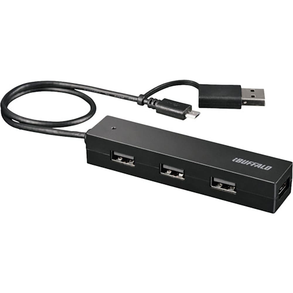 ＢＵＦＦＡＬＯ　タブレット・スマホ用　ＵＳＢ２．０　４ポートハブ　変換コネクター付き　ブラック　Ｂ＿