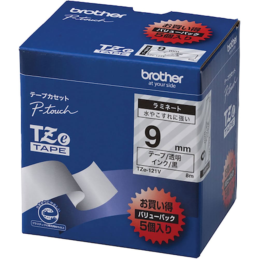 brother Tzeテープ 黒文字/透明テープ /9mm (お徳用パック5個入) TZE-121_