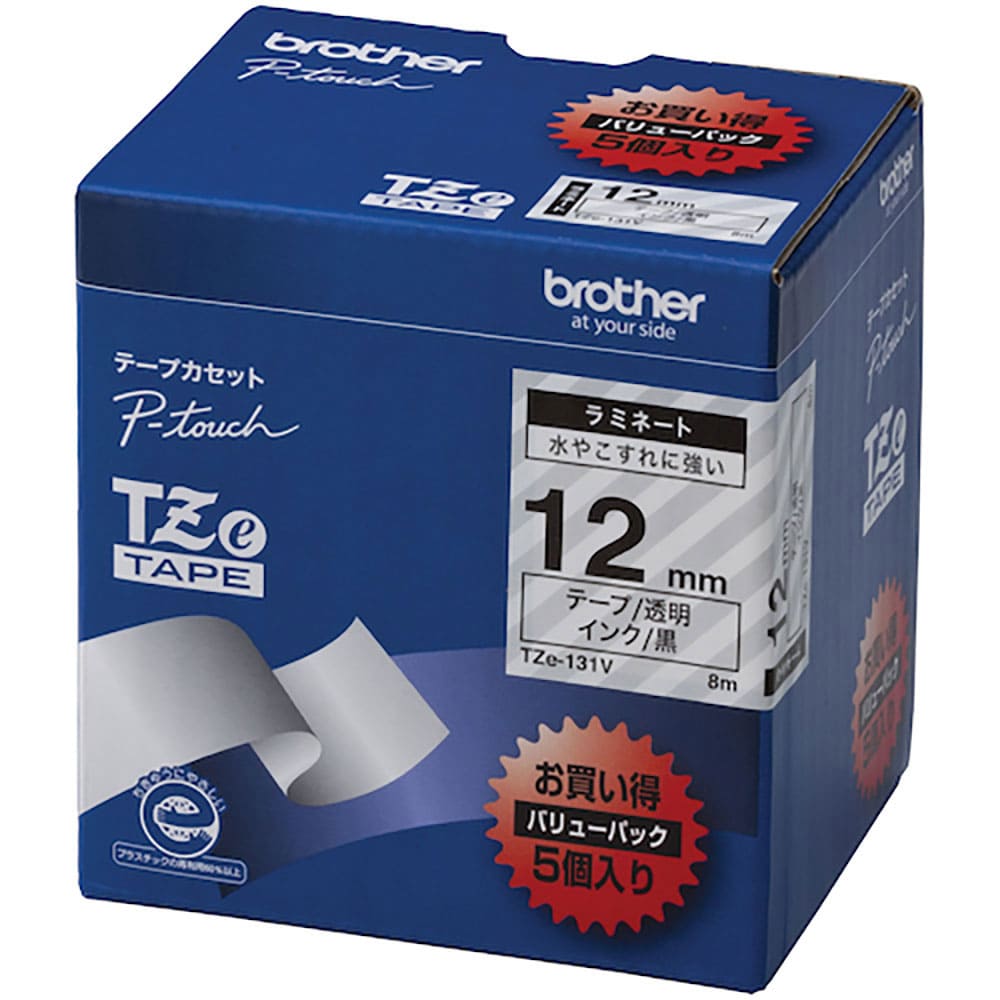 brother Tzeテープ 黒文字/透明テープ /12mm (お徳用パック5個入) TZE-13_