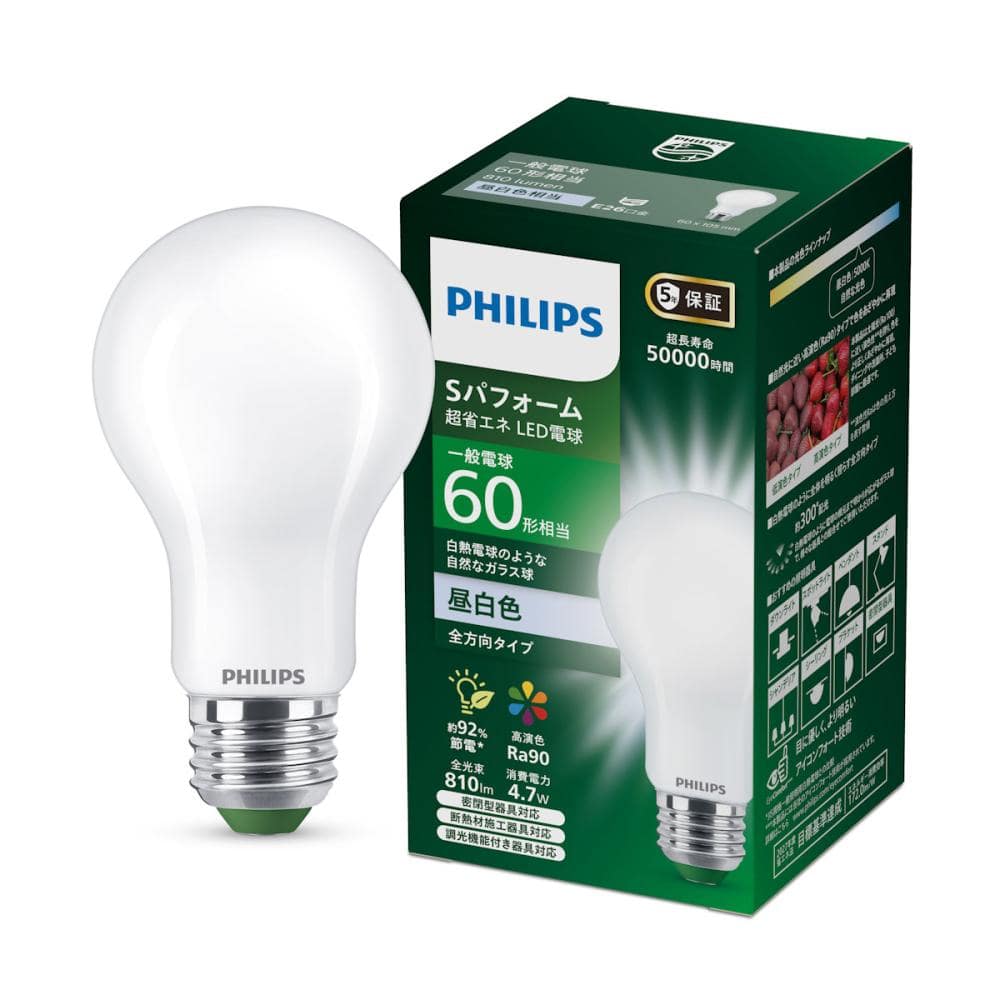 フィリップス　ＬＥＤ電球Ｓパフォーム　６０Ｗ　Ｅ２６　昼光色　ＳＰＦＤ６０Ｗ