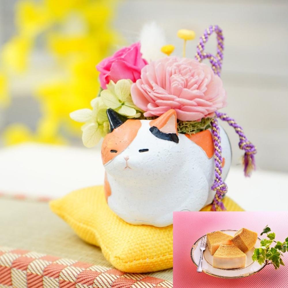 【母の日ギフト】　プリザーブドアレンジ　くつろぎ猫さん＆バウムクーヘン　【申込期限：５月６日】【お届け予定日：５月７日～１０日】