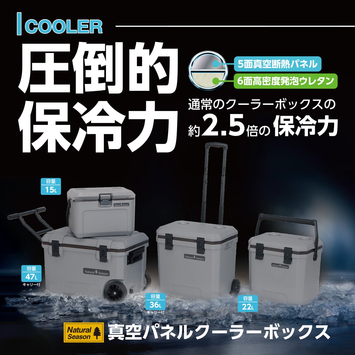 ナチュラルシーズン 真空パネル クーラーボックス グレー 15L の