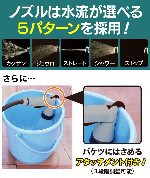 ノズルは水流が選べる5パターンを採用！